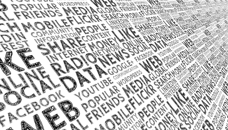 Eine Wortwolke zum Thema Medien mit Begriffen wie: Data, radio, share, like, web, ...