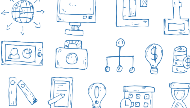 Verschiedene gezeichnete Symbole: unter anderem eine Glühbirne, eine Sanduhr, eine Kamera und ein Handy.