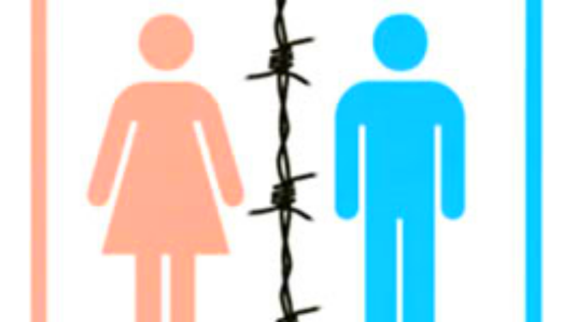 Schematische Zeichnung einer Frau in rosa und die eines Mannes in blau. Zwischen den beiden befindet sich ein Stacheldraht.