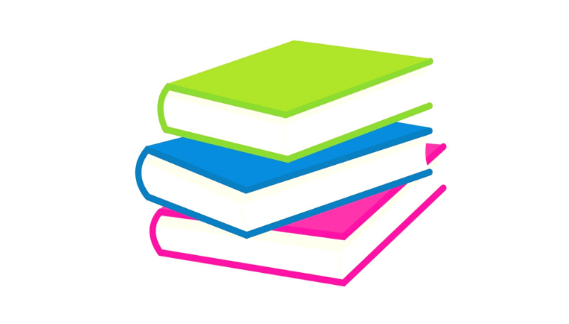 Drei Bücher in blau, grün und rosa bilden einen Bücherstapel.