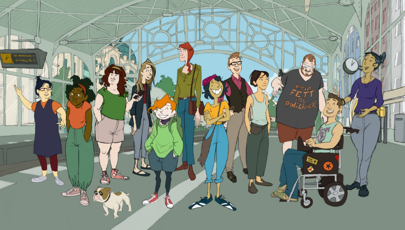 Zeichnung: Eine Gruppe von Jugendlichen an einem Banhof.