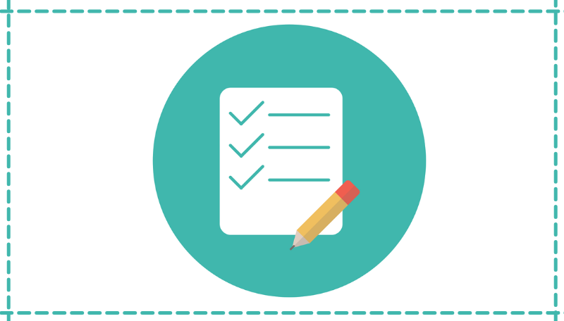 Zeichnung: Auf türkisem Hintergrund liegt ein Zettel und ein Bleistift.