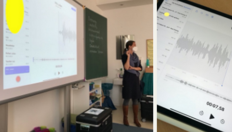 Frau vor einer Tafel.